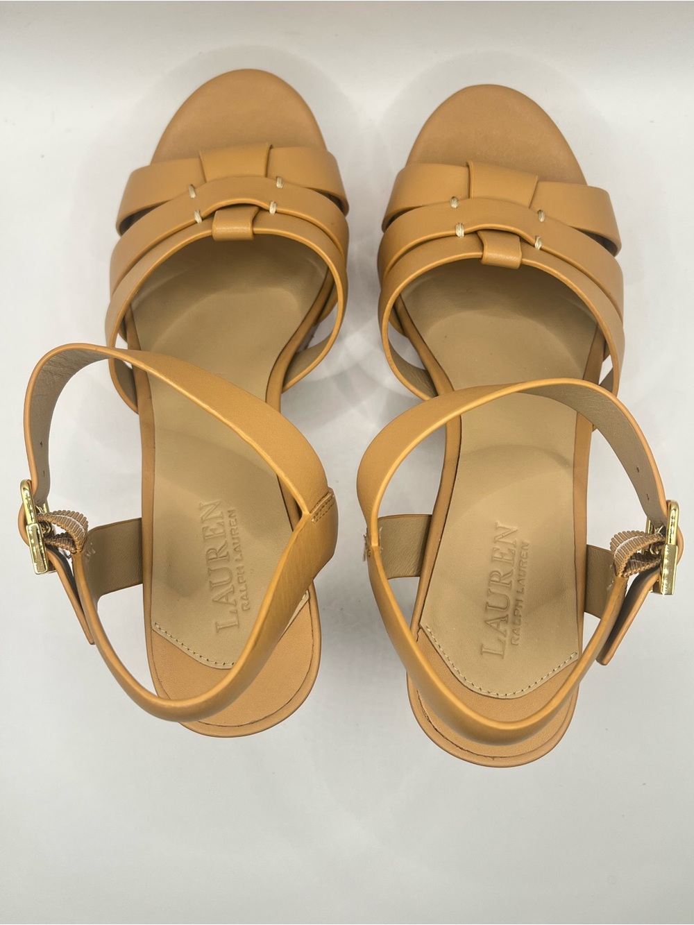 Lauren Ralph Lauren Sofia New Womens 6.5 Tan Leather Platform Block Heel Sandals - Picture 4 of 13